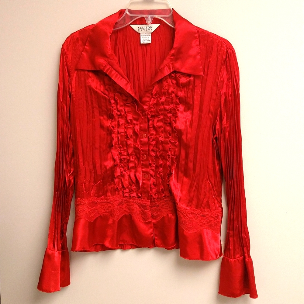 Silk polyester collared red button down blouse